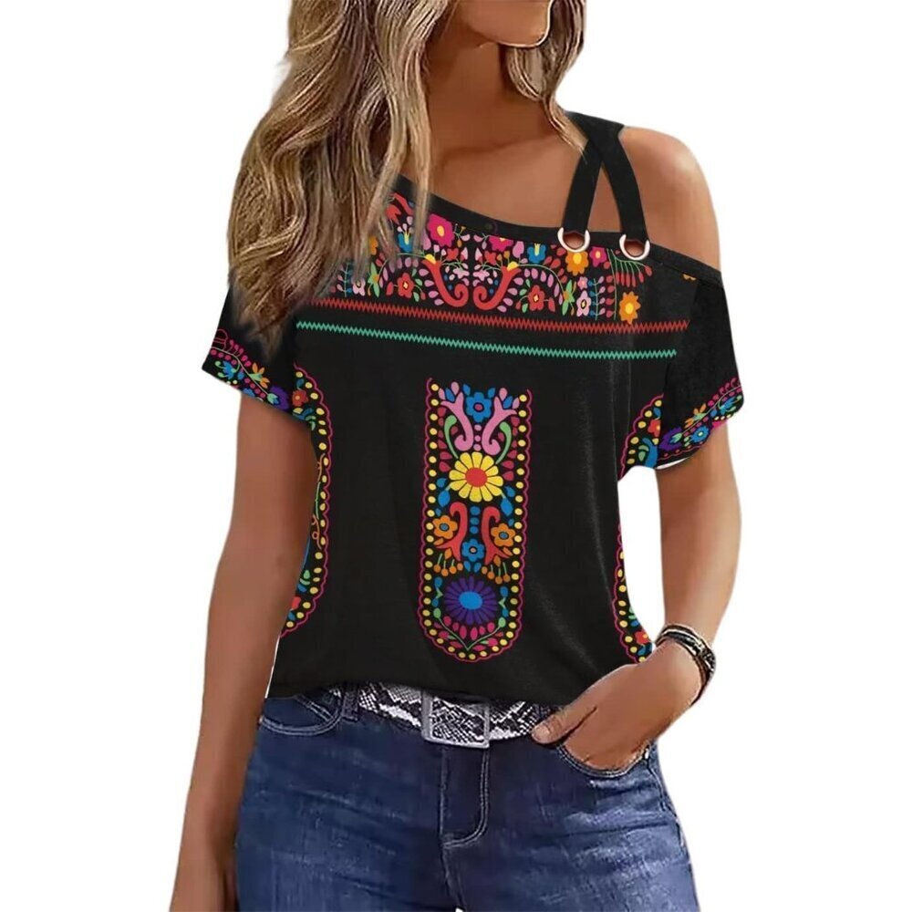 Womens Summer Cold Shoulder T Shirts Cotton Loose Fit Short Sleeve Blouses